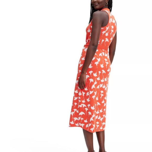 DVF Collared Sleeveless Ginkgo Cherry Tomato Sweaterknit Midi Wrap Dress NWT - Picture 2 of 9